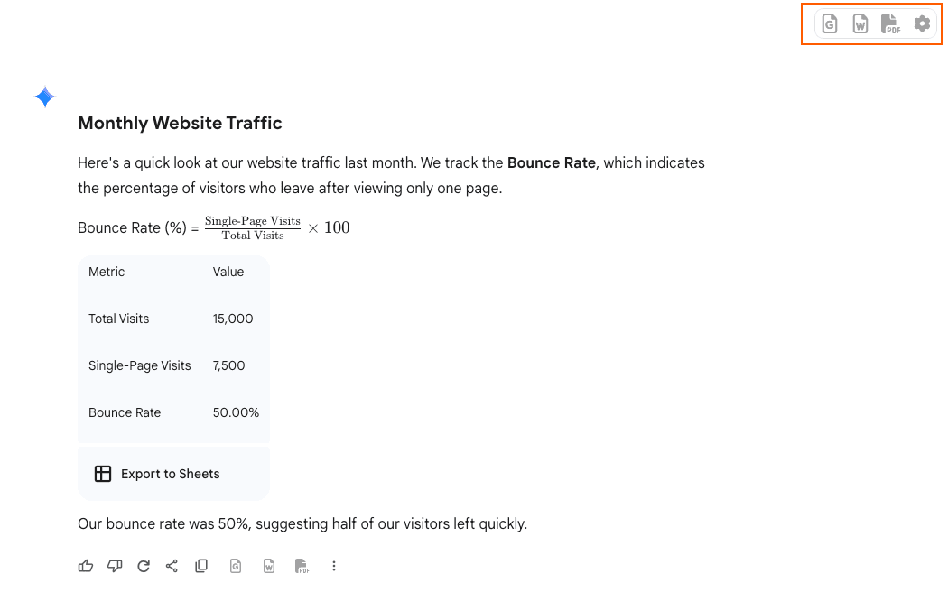 Screenshot showing the top right export buttons for the full conversation