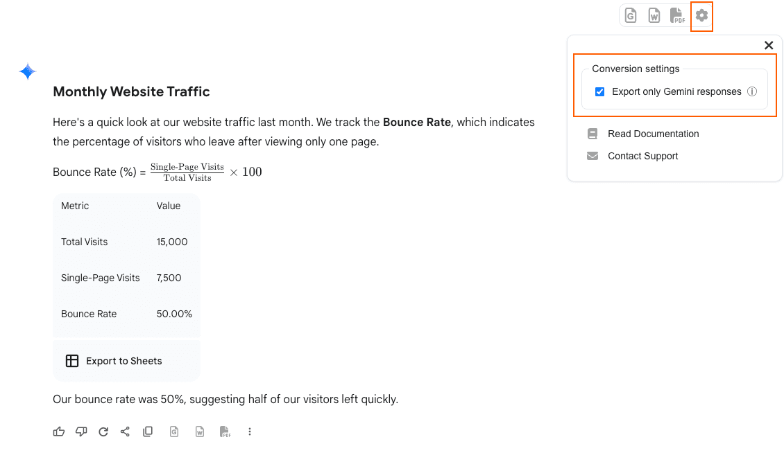 Screenshot showing the Export only Gemini responses checkbox in Settings
