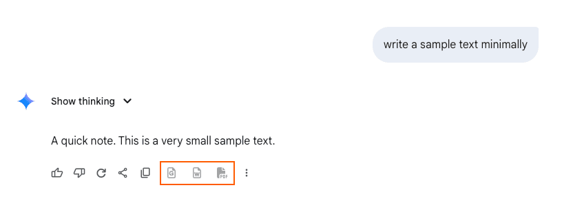 Screenshot showing export buttons at the bottom right corner of a Gemini response